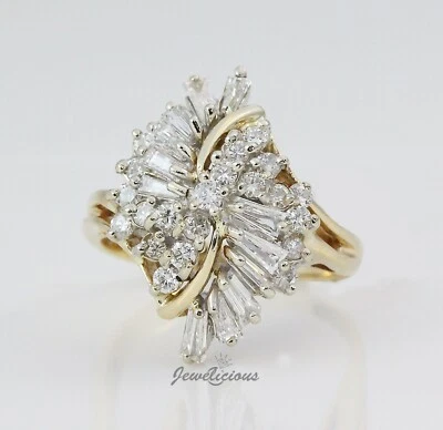 Anillo Estate Oro Amarillo 14K Diamantes Naturales Baguette Cascada Racimo Foto 1 de 2