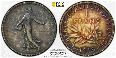 1919 France Silver 1 Franc PCGS MS64 Beautiful Toning                       4603 - Image 1 of 4