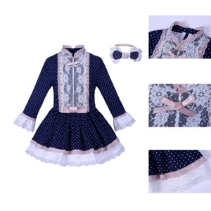 Classic Girls Lace Dress Ploka Dot Navy Blue Party Pageant Princess Winter Dress - Picture 1 of 20