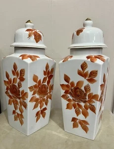 Vntg Vase Set 12”Ginger Jar Japanese Square, Orange, Gold Floral Imari Porcelain - Picture 1 of 6