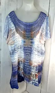 One World Live & Let Live Top Größe XL blau & weiß aztekischer Druck Strickbluse 1415E - Bild 1 von 11