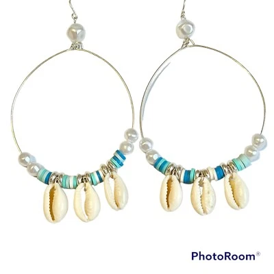 Silver Cowrie Shell White Freshwater Pearl Earrings Island Beach BIG Hoop Plated - Image 1 of 4