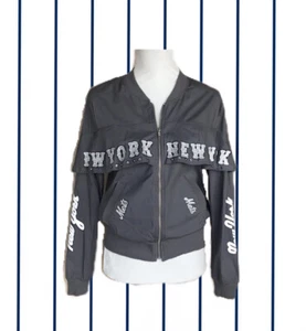 Women’s New York Mets Gray Bomber Jacket with ruffle W/ Rhinestones BLING! S/M - Picture 1 of 12
