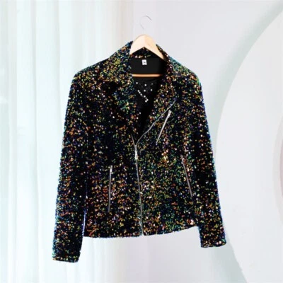Men Motorcycle Jacket Glitter Outwear Sequin Biker Coat Oblique Evening Party - Image 1 of 4