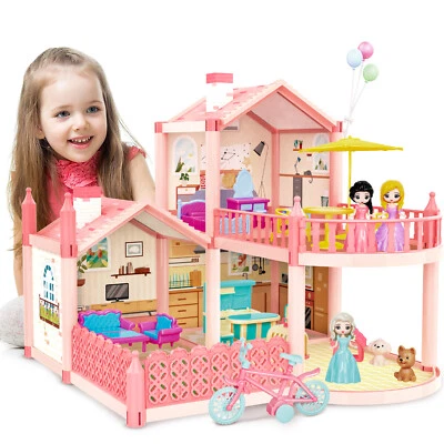 deAO rosa Puppenhaus Set groß 2-stöckig Barbie Puppenstube + Möbelfiguren