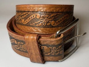 Rockmount Western Brown Floral Saddle Leather Hand Finished Belt Cowboy Size 34 - Picture 1 of 10