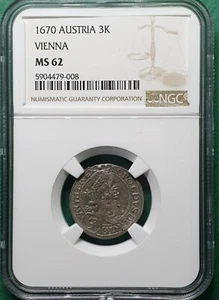 1670 AUSTRIA 3 KREUZER VIENNA SILVER NGC MS 62 - Picture 1 of 4