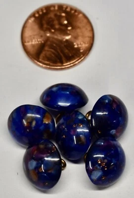 6 VINTAGE LAPIS BLUE COLOR GLASS  GOLD SPECKS  BUTTONS 12.6mm •  HI DOME * ROUND - Image 1 of 4