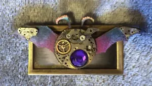 Steampunk Watch Gear Bat Pin, Brooch with Gothic Purple Stone, Handmade, OOAK - Picture 1 of 3