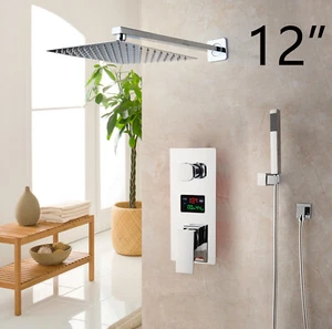 12" Rain Shower Faucet Set Square Shower Heads Mixer Bathtub Waterfall Spout Tap - Picture 1 of 6