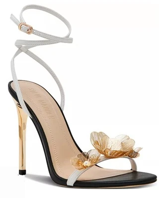Sandalias de Vestir Steve Madden 9.5 Cuero Negro Sheila Dorado Tacones de Aguja Nuevas $130 Foto 1 de 4