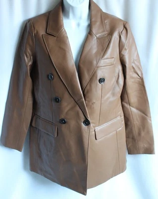 BCBG Max Azria Womens M Cognac Brown Vegan Leather Double Breasted Button Coat - Image 1 of 4