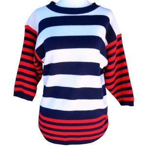 Marlene Vintage Nautical Stripe Sweater Navy Cream Boat Neck Knit 1980s Sz Small - Picture 1 of 4