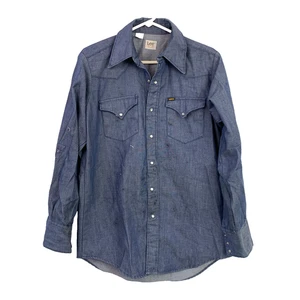 Vintage Lee Chambray Denim Pearl Snap Western Shirt 15.5 34 Made In USA - Picture 1 of 8