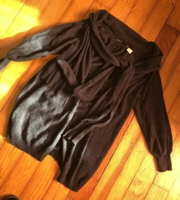 Cárdigan Suéter Talla Pequeña Dk Gris/Negro Otoño CACHEMIRA con Bufanda Corbata y Puños Largos Foto 1 de 4