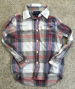 Polo Ralph Lauren Shirt Youth Girls 6 Gray White Pink Flannel Button Up - Picture 1 of 9