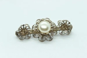 Vintage Filigree Pearl Flower Brooch / Pin Sterling Silver 925 9.7 Grams 2.5" - Picture 1 of 5