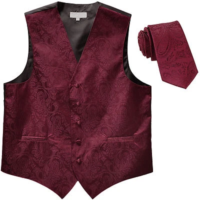 New Men's formal tuxedo vest Waistcoat_2.5" skinny necktie paisley Burgundy prom - Image 1 of 4