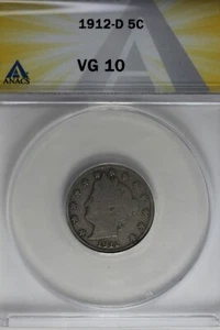 1912-D .05  ANACS  VG 10  Liberty Nickel, V Nickel, 5 Cent Piece - Picture 1 of 2