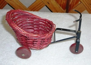 TRICYCLE With BASKET~Miniature~Doll Size~Metal-Wood-Wicker~Wheels Move - Picture 1 of 4