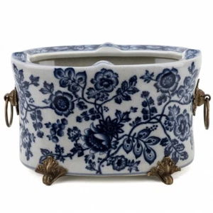 New PORCELAIN BLUE FLORAL BLUE & WHITE PLANTER WITH BRONZE ORMOLU 12”x7”x7” - Picture 1 of 4