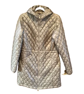 North face quilted Coat Mid Length womens Large gray silver hooded front zipper - Picture 1 of 4