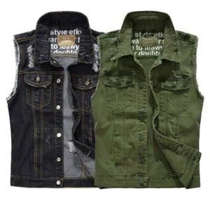 Mens Ripped Sleeveless Jacket Denim Gilet Waistcoat Jeans Vest Distressed - Picture 1 of 15