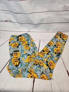 LulaRoe TC Leggings Yellow Flower Marigold Blue-Gray Background - Picture 1 of 3