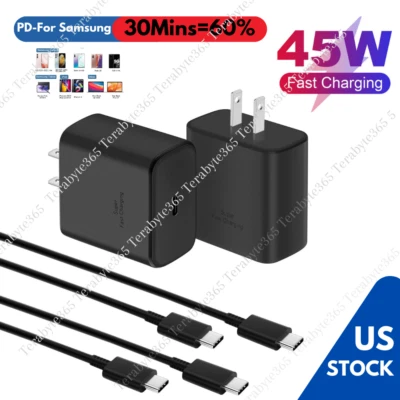 Adaptador Cargador de Pared Súper Rápido USB-C 45W PD USB C A C Cable Para Samsung Paquete de 1-2 Foto 1 de 4