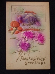 1900s Thanksgiving Turkey Heavy Embossed Pink Flowers Postcard - Picture 1 of 1