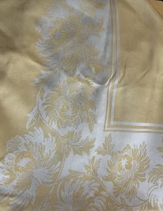 Damask Tablecloth Rectangle Yellow w/White Flowers Cotton About 77x57 Vintage - Picture 1 of 6