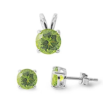 Sterling Silver Round Peridot Simulated Diamonds Stud Earrings and Pendant Set - Image 1 of 3