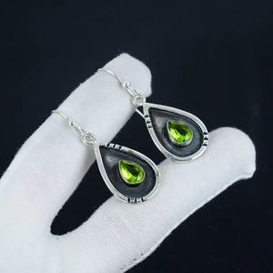 925 Sterling Silver Green Peridot Gemstone Handmade Jewelry Earring Size-1.5" - Picture 1 of 5