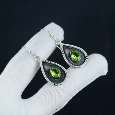 925 Sterling Silver Green Peridot Gemstone Handmade Jewelry Earring Size-1.5" - Image 1 of 4