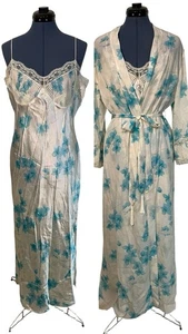 Valerie Stevens Silk Ivory Blue Floral Lace Long Robe w Nightgown Set Ethereal L - Picture 1 of 23