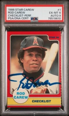 1986 Star Rod Carew Checklist Perf #1 Angels Twins HOF PSA 6 Auto 9 Pop 1/1/0 - Image 1 of 3