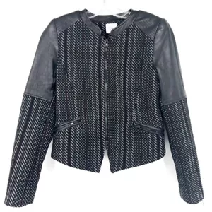 Parker Black Red Tweed Wool Knit Lambskin Leather Full Zip Moto Jacket Sz S - Picture 1 of 8