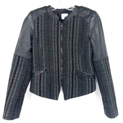 Parker Black Red Tweed Wool Knit Lambskin Leather Full Zip Moto Jacket Sz S - Image 1 of 4