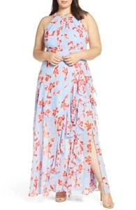 ELIZA J Sky Blue Pink Orange Floral Halter Ruffle Pleated Maxi Gown Dress 16W 1X - Picture 1 of 6