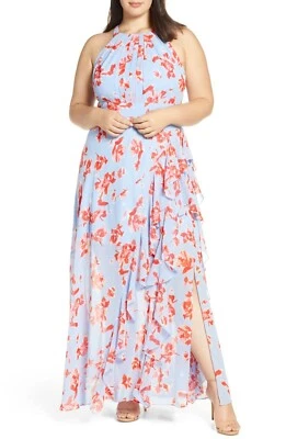 ELIZA J Sky Blue Pink Orange Floral Halter Ruffle Pleated Maxi Gown Dress 16W 1X - Image 1 of 4