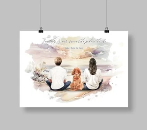 Personalised Couple and dog on beach print, Pet lover gift, Dog owners - Picture 1 of 23
