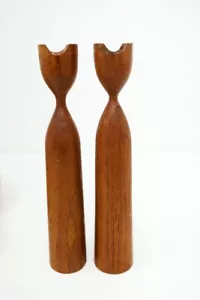 Set 2 paia di candelabri vintage MCM legno tulipano portacandele arredamento scandinavo 8" - Foto 1 di 7
