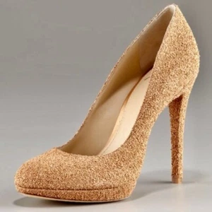 Brian Atwood Leather 7 Beige Nude Heels Slip On Pump Stiletto Sparkle Heel $800 - Picture 1 of 7