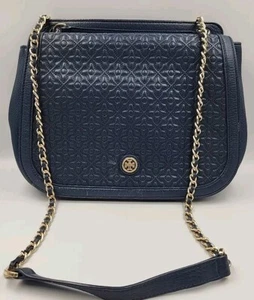 Tory Burch Navy Blue Quilted Leather Marion Flap Chain Shoulder Bag - Picture 1 of 13