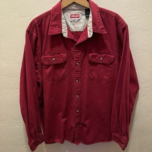Vintage Wrangler Shirt Mens Large Button-Up Long-Sleeve Red Maroon 100% Cotton - Picture 1 of 9