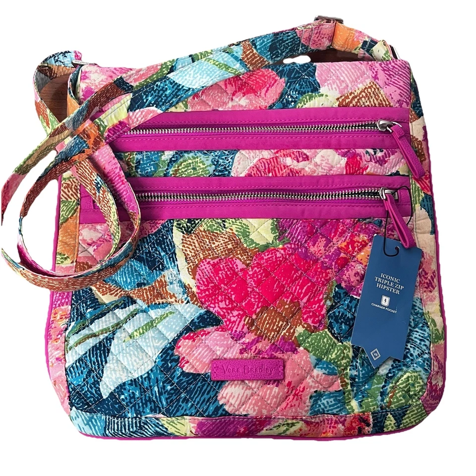 Vera Bradley Iconic тройной молнии хипстер сумка через плечо розовый синий цветочный новый - Изображение 1 из 1
