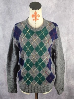 80s Hunt Run Sweater Fisherman 100% Shetland Wool Argyle Gray Knit Men M EUC - Image 1 of 4