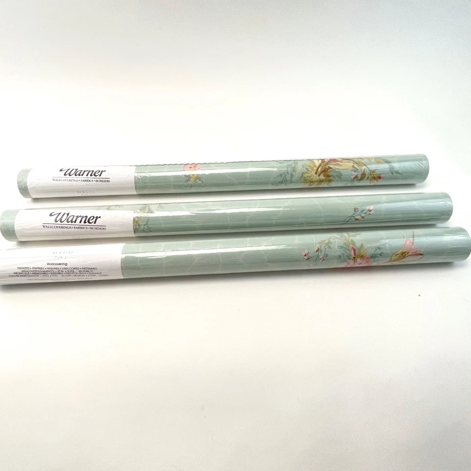 3 nuevos rollos de papel tapiz Warner Co verde suave floral 27 pulgadas x 27 yardas 182,25 pies cuadrados Foto 1 de 4
