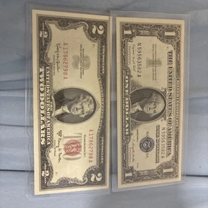 1953 $2 RED Seal Note US Bill- 1963 $1 Barr - 1950 $5 - 1957 $1 Silver Cert. - Picture 1 of 2
