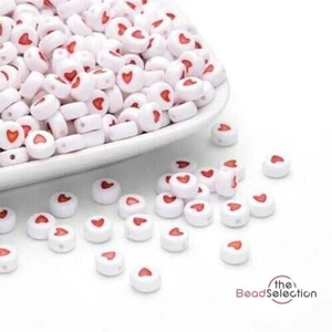 100 White Round Red Heart Beads Acrylic 7mm Jewellery Making Childrens ACR220 - Picture 1 of 3
